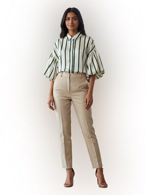 Milk & Honey Green Striped Puff Sleeve Button Down Dramatic Blouse Size Small